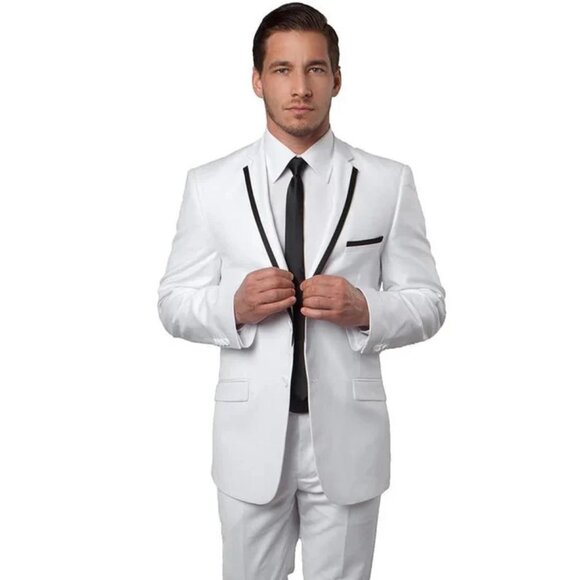 Men's Two Button Slim Fit Wedding Prom Tuxedo Suit in White with Black Piping - Picture 1 of 4